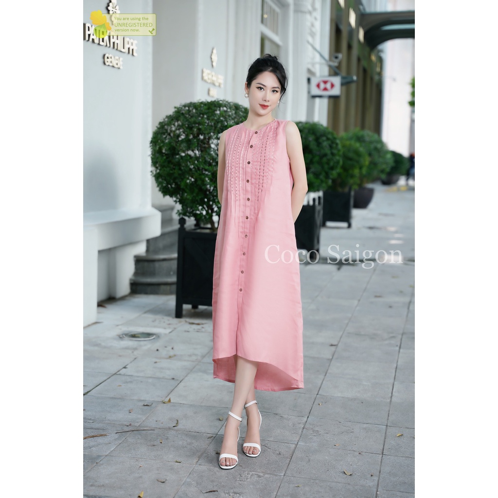 Đầm suông dài nữ linen tưng pre Bella thêu tay đột - Hồng