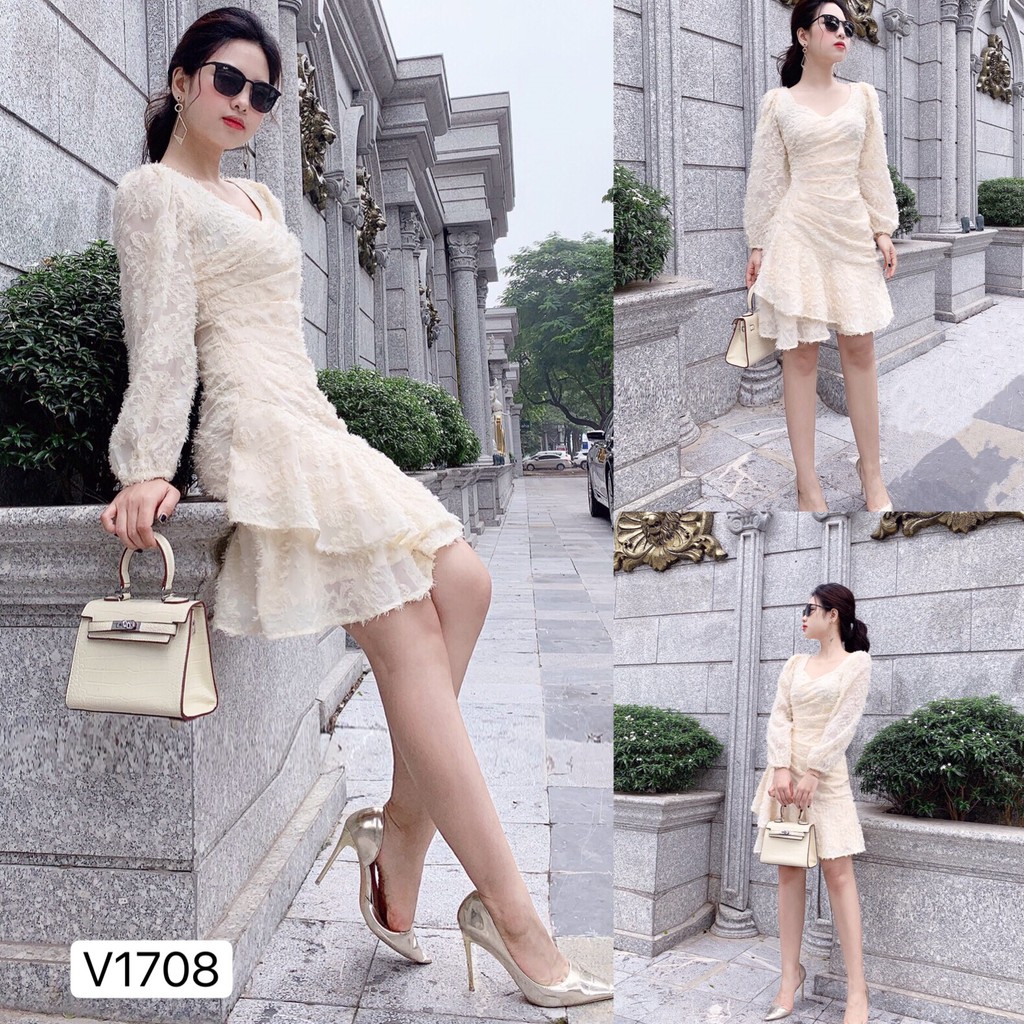 Váy kem xòe xếp li eo chân đắp vạt V1708 - QUEEN SHOP DOLCE VIVA COLLECTION ( ảnh trải sàn do chính tay chị chủ tự chụp