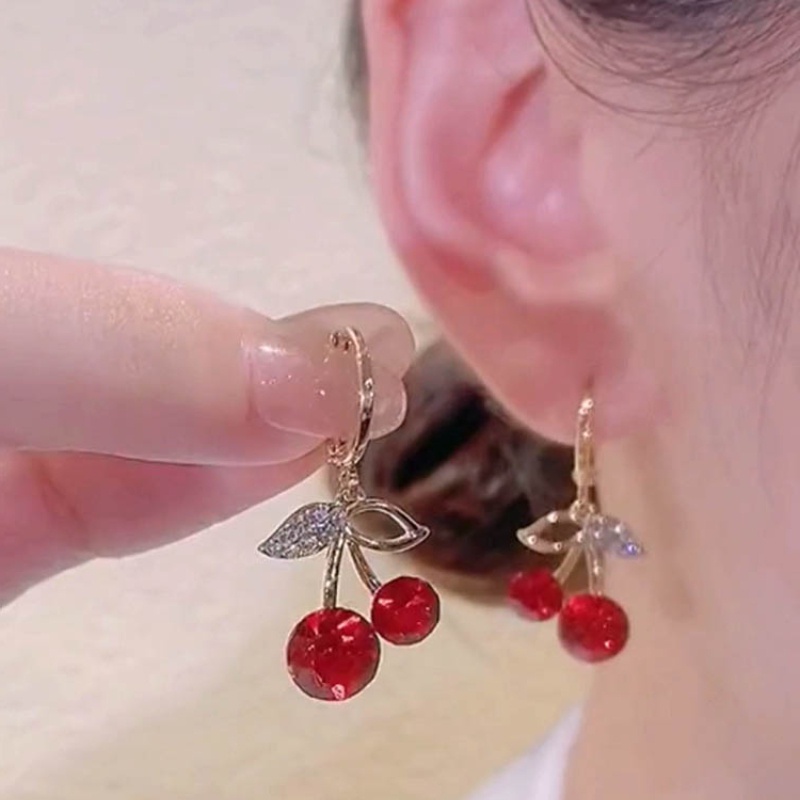 Bông Tai Mạ Bạc 925 Hình Quả Cherry Đỏ Đính Pha Lê Phong Cách Hàn Quốc