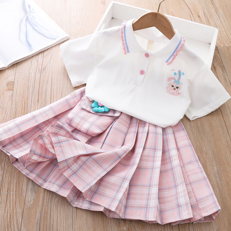 Set Áo Thun POLO Ngắn Tay + Chân Váy Xếp Ly Thời Trang Cho Bé Gái