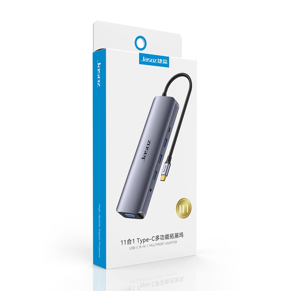 Đế cắm Type-C bộ nguồn 10 trong 1 USB3.0 *3 +3.5AV + VGA + HDMI + DP + SD + TF + Gigabit RJ45 JASOZ H113