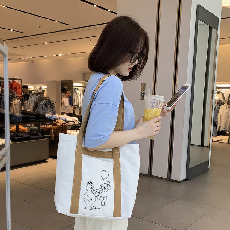 Túi tote vải canvas siêu dày quai nâu liền dài chắc chắn