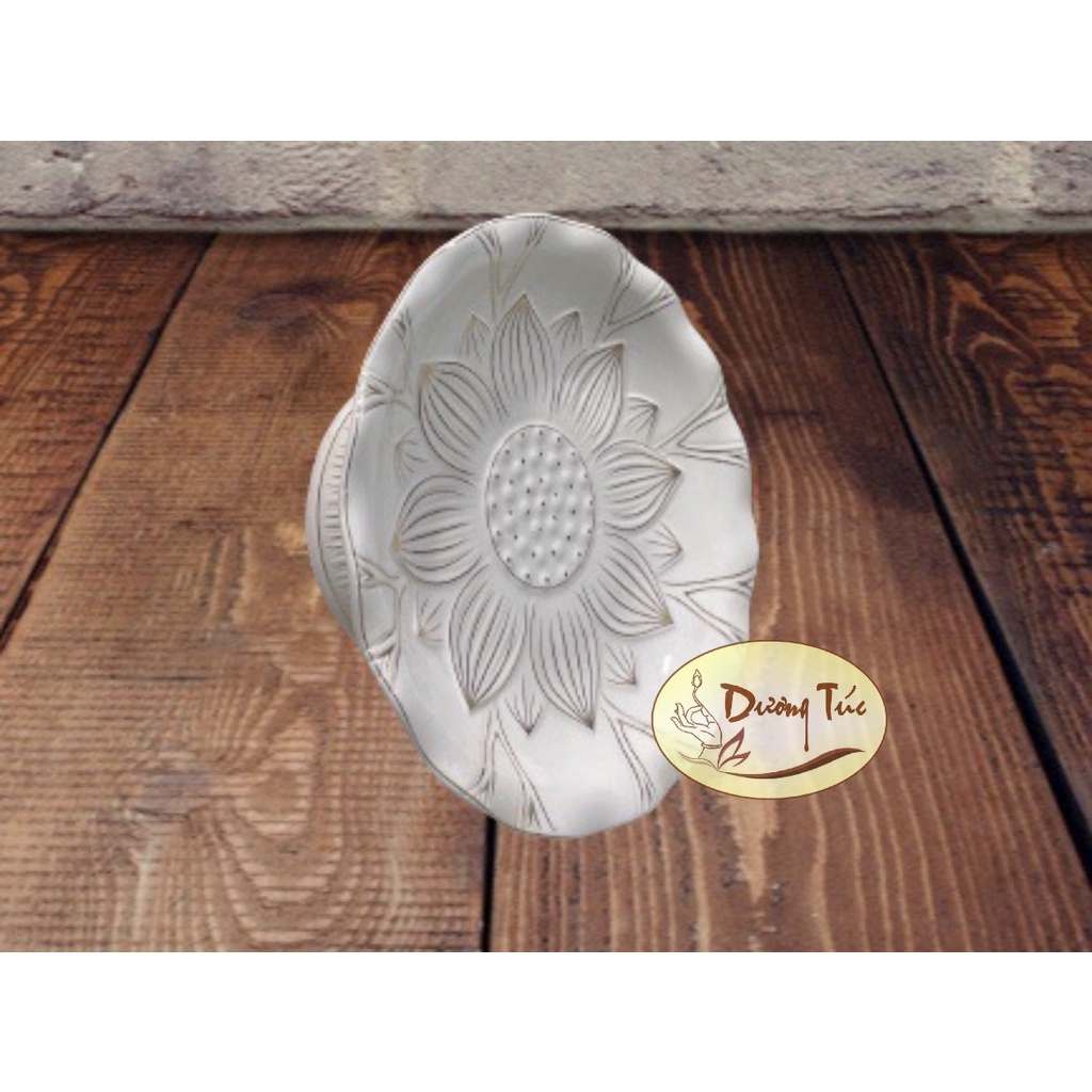 Đĩa Trái Cây Bằng Sứ Cao Cấp - Bạch Ngọc Hoa Sen  Nổi Loại 1 - Thờ Cúng