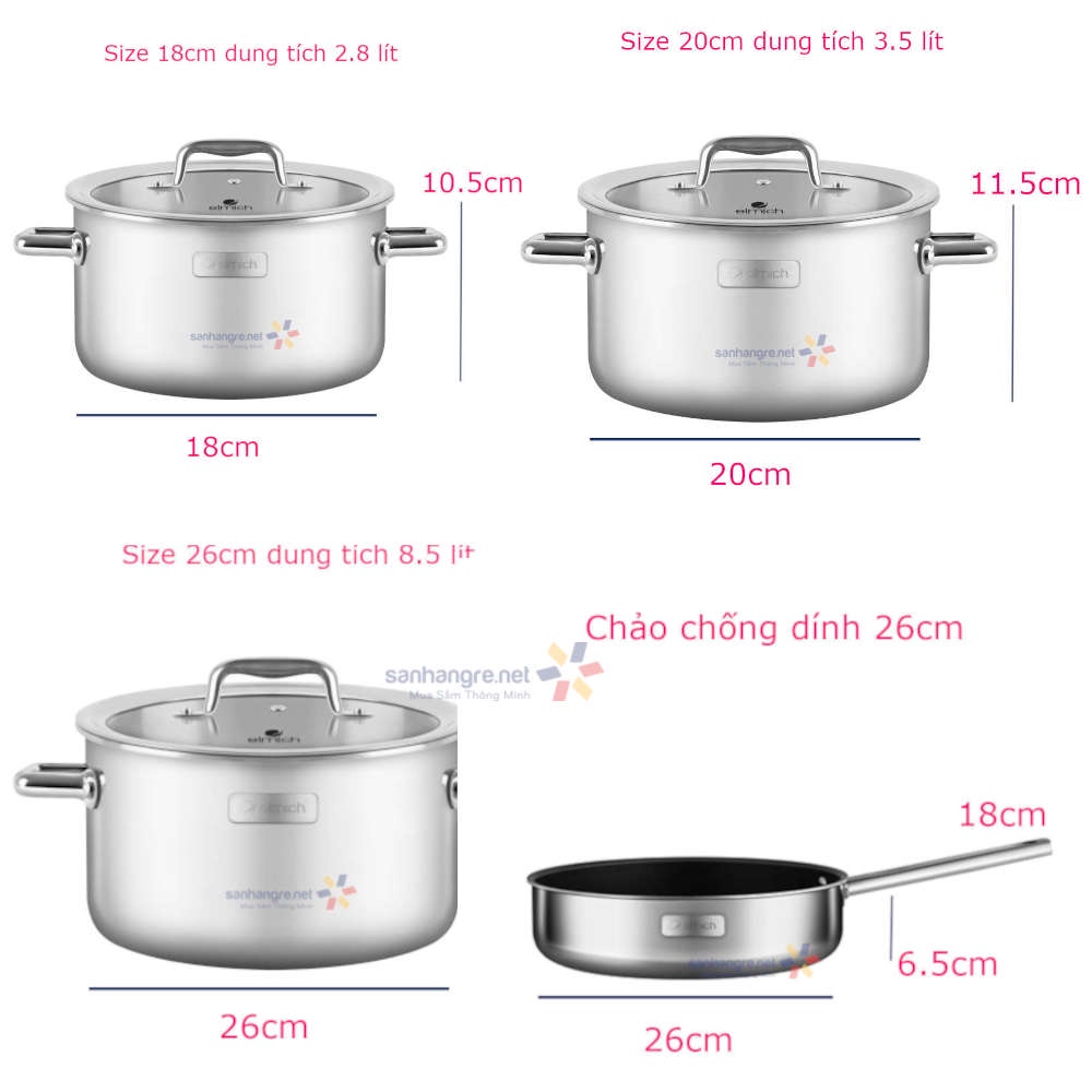 Bộ 3 nồi inox 304 thân đáy liền khối Elmich Trimax ECO EL-8004 size 18, 20, 26 tặng kèm chảo chống dính 26cm