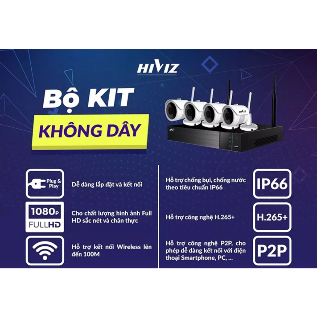 Trọn Bộ Camera KIT HIVIZ Mẫu HI-KIT 904W không dây   FULL HD 1080P SIÊU NET Đầy đủ cắm nguồn là dùng- HÀNG CHÍNH HÃNG