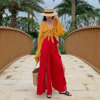 Quần đi biển lưng cao ống rộng xẻ tà phong cách Bohemian cá tính
