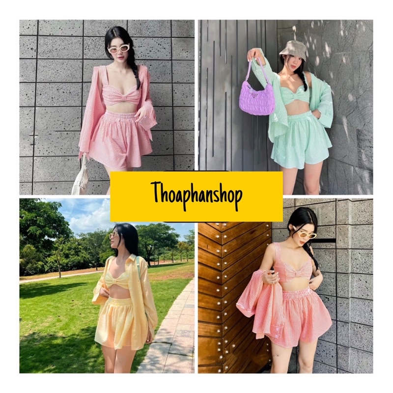 SET ÁO SƠ MI KẺ SỌC + BRA + SHORT LƯNG THUN BỐN MÀU [kèm ảnh thật ]