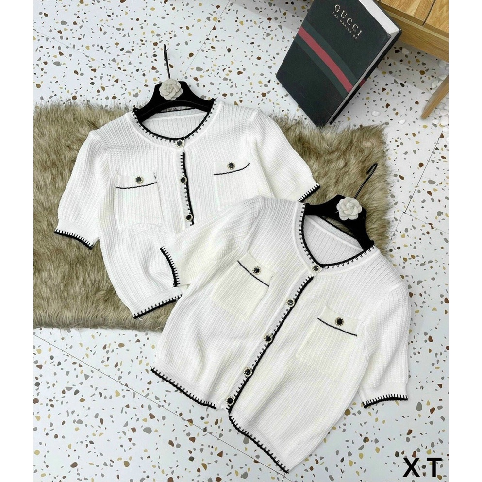 [HCM][FREE SHIP]áo len trắng viền chỉ đen tay ngắn cổ tròn phối hai túi ngực hàng quảng châu siêu hot ❤️❤️sa045