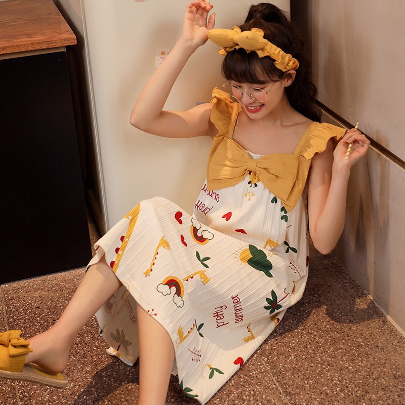 Váy ngủ nữ ngắn tay mùa hè, váy 2 dây cánh tiên vải cotton thông hơi thoáng mát, phong cách ngọt ngào, tiểu thư mã VG