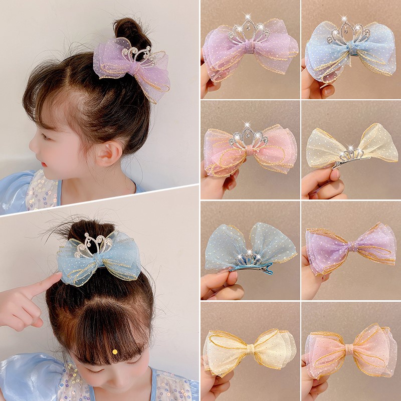 Kẹp Tóc Hình Nơ Phối Lưới Đính Đá Kiểu Vintage Ngọt Ngào Cho Bé Gái