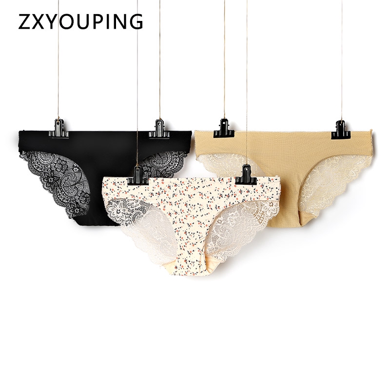 Set 3 quần lót ZXYOUPING màu trơn in họa tiết phối ren lưng thấp vô hình size S-XXL quyến rũ cho nữ