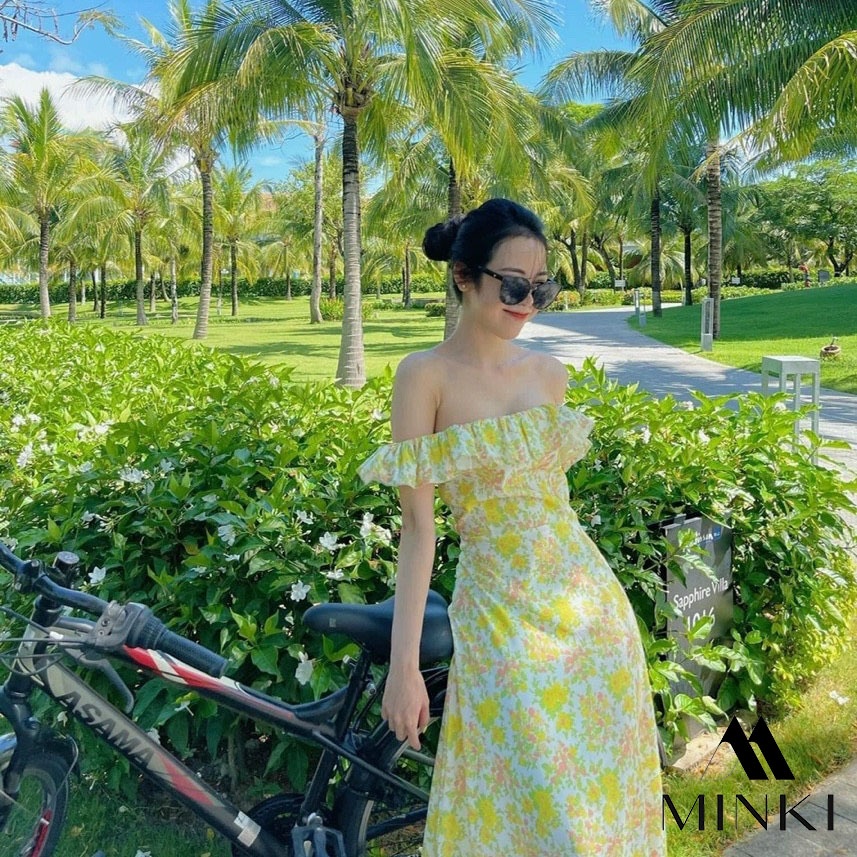 ĐẦM HOA VÀNG TRỄ VAI - CHẤT LIỆU CAO CẤP - MÀU VÀNG TIỂU THƯ | BigBuy360 - bigbuy360.vn