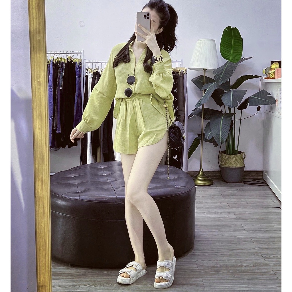 Set bộ đũi tơ nhăn xanh cốm mát mắt phom thụng rộng tay áo cánh dơi thoải mái