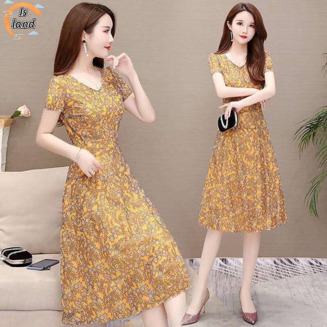 Đầm Chữ A Tay Ngắn Cổ Chữ V In Hoa Thời Trang Cho Nữ