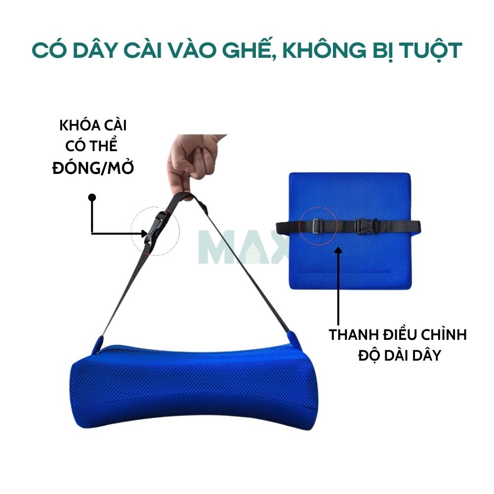 Gối tựa lưng ghế văn phòng ghế ô tô bằng cao su non giảm đau lưng có đai cài, phần vỏ gối bằng vải lưới siêu thoáng mát | BigBuy360 - bigbuy360.vn