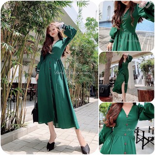 Đầm đũi xanh rêu tay phồng Dưa Gang Store DDX01 chính hãng