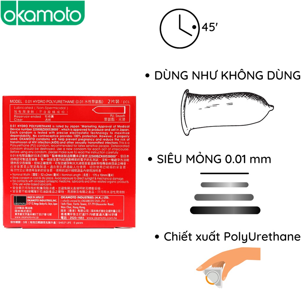 Bao cao su OKAMOTO 0.01mm Siêu Mỏng 2 bao/hộp trơn truyền nhiệt nhanh chống tuột Nhật Bản
