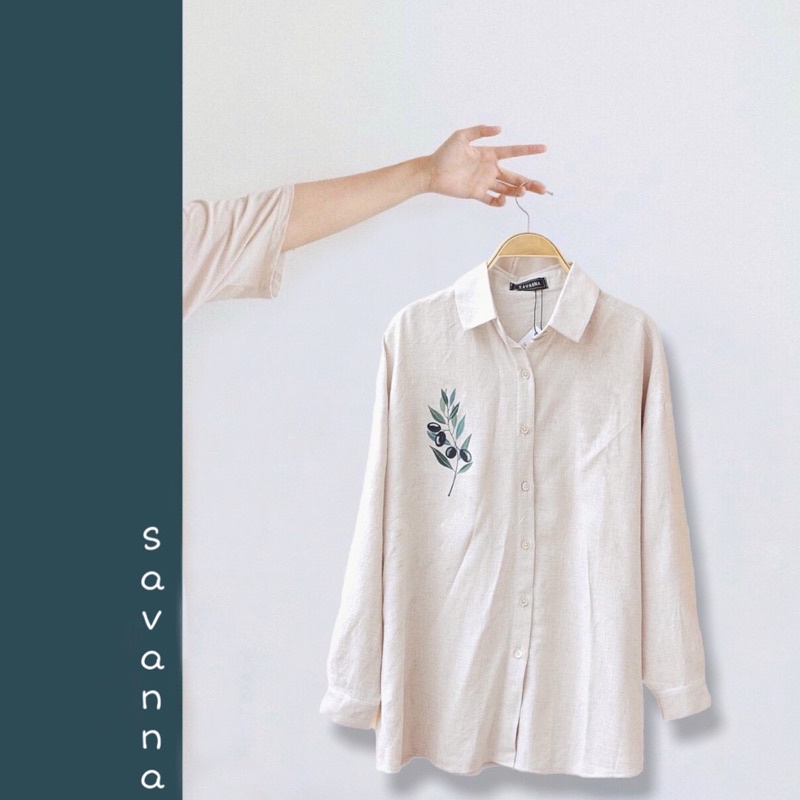 Áo sơ mi vẽ tay oliu vải linen đũi mềm mát