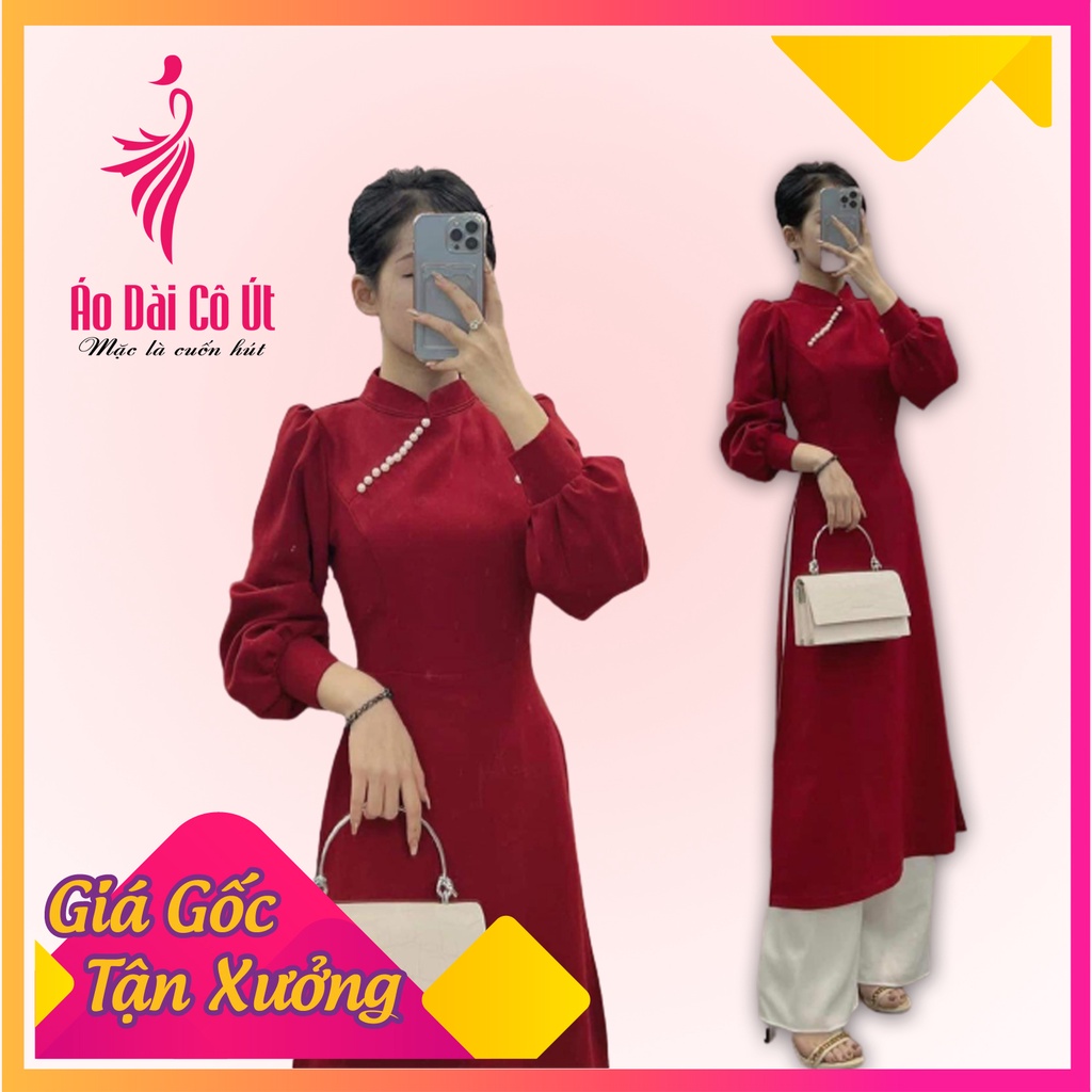 Áo dài cách tân nữ, tay dài bồng, đính ngọc, lụa tây thi mặc đi dự tiệc, cưới hỏi, lễ tết