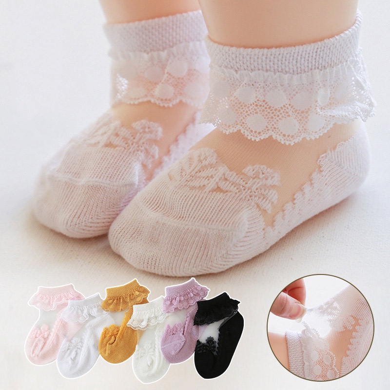 Vớ ren hoa bằng lụa lạnh mỏng thoáng khí dễ thương cho bé gái 0-12 tháng tuổi