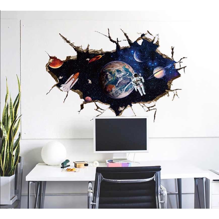 Decal dán tường trang trí - Vết nứt phi hành gia ngoài vũ trụ sắc nét