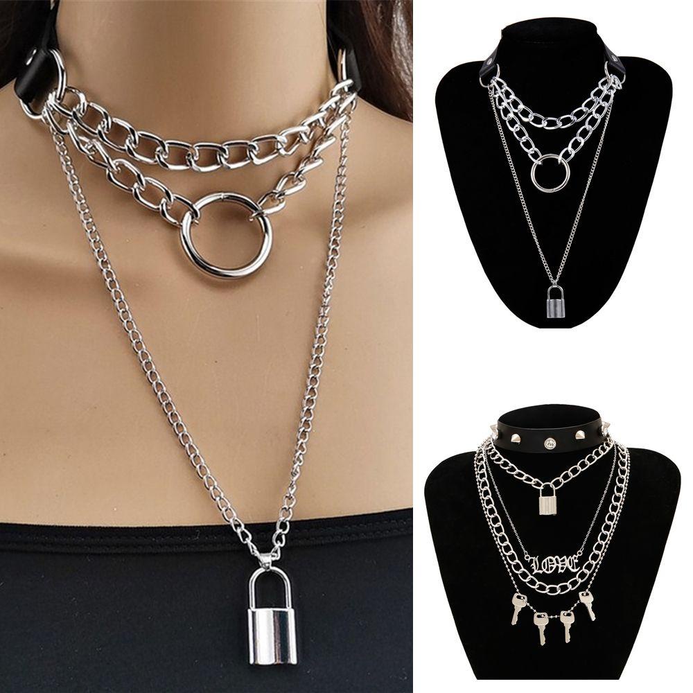 CACTU Cool Dark Gothic Party Jewelry Rivet Choker Punk Necklace Biker Rock Stainless Steel Multi-Layer Chain Women Mens Hip Hop Lock Pendant