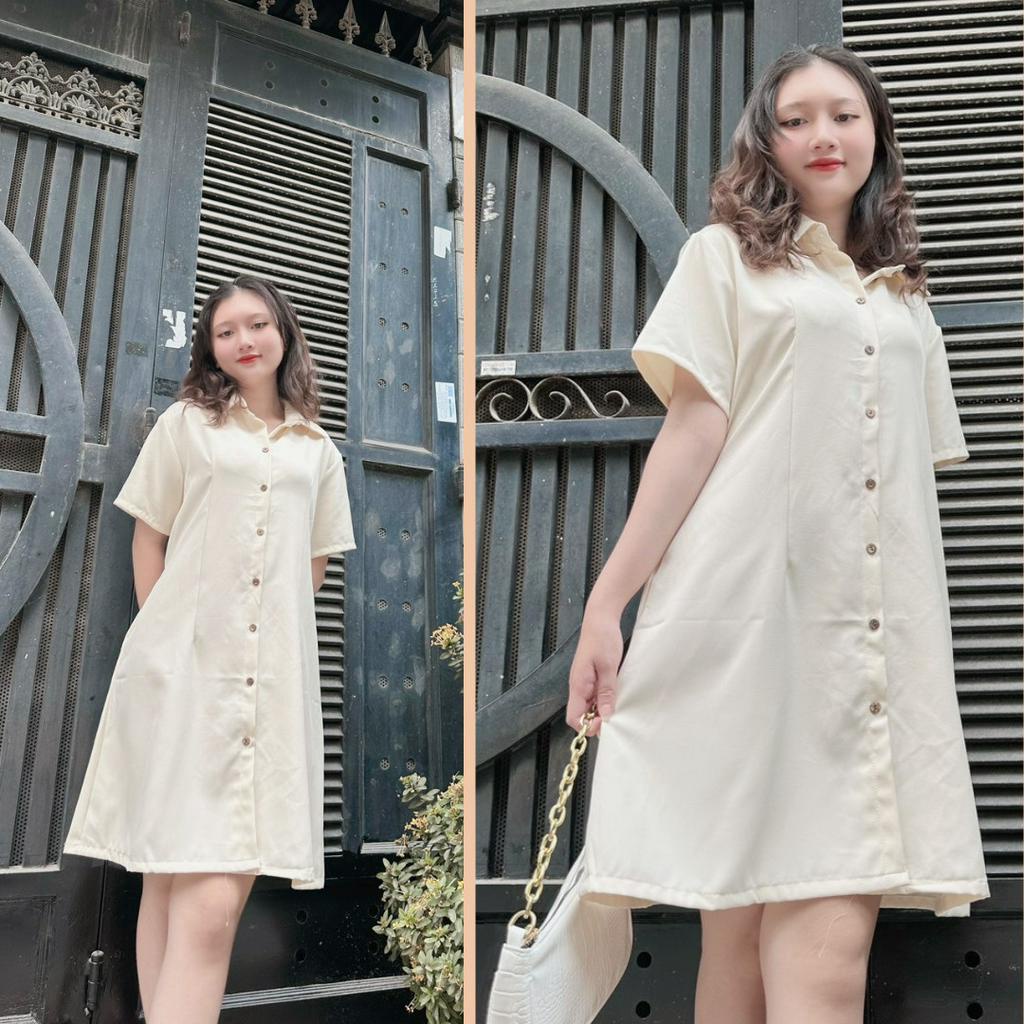 Đầm váy nữ basic fashion cổ sơ mi cài cúc chiết eo lưng chun, váy nữ cộc tay nhiều màu ĐEN TRẮNG KEM NÂU G5