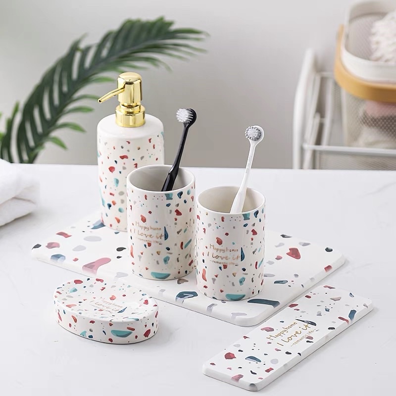 Bộ Đồ Dùng Nhà Tắm Gốm Sứ Kèm Khay Màu Sắc Trẻ Trung