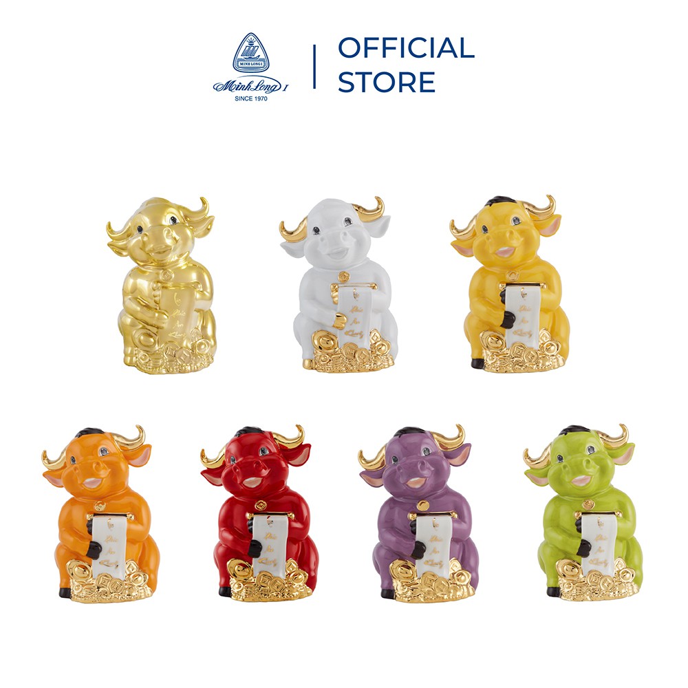 Trâu Hạnh Phúc 9.5cm Minh Long - Màu Trắng - Trang trí vàng 24k | BigBuy360 - bigbuy360.vn