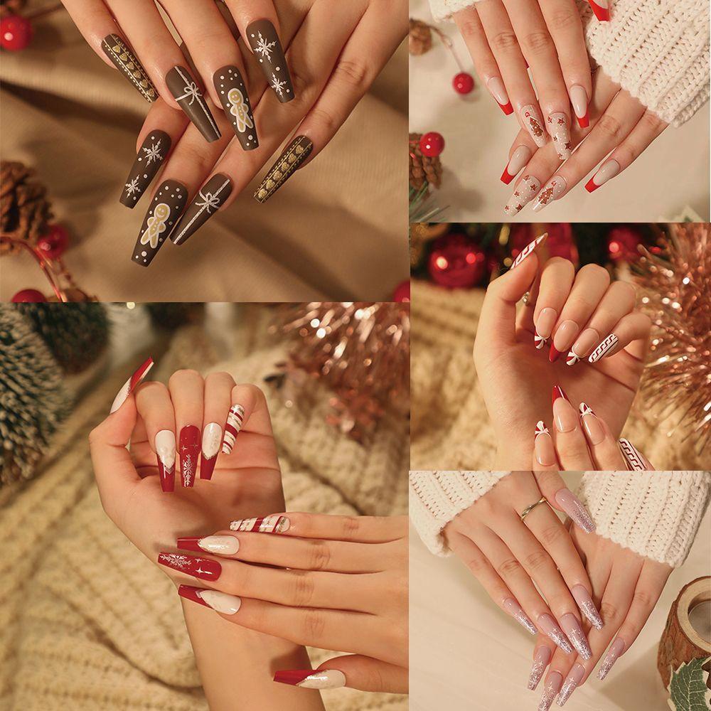 Bộ 24 Móng Tay Giả Hình Người Tuyết / Bánh Gừng / Hoa Tuyết
