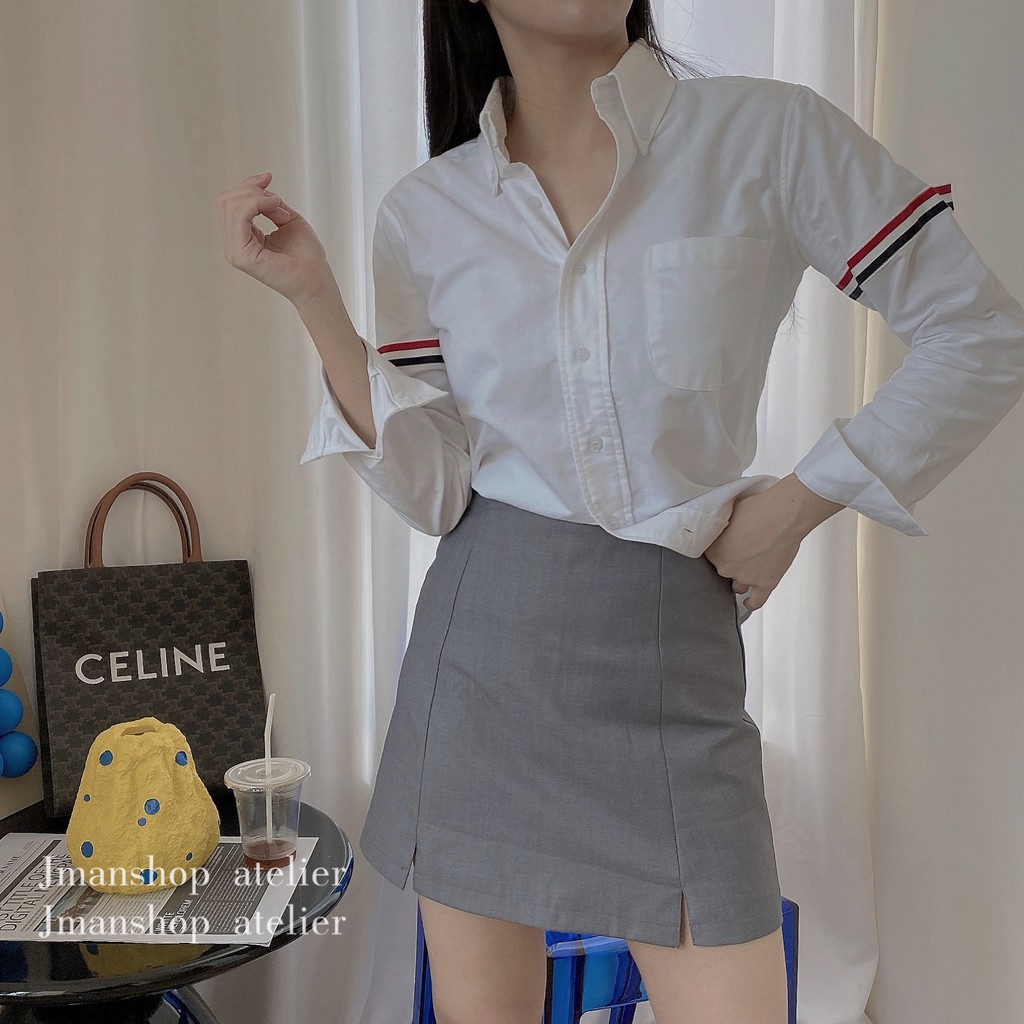 Áo sơ mi nữ, áo nữ trắng sọc đỏ from rộng  đủ size S M L SKUA-06