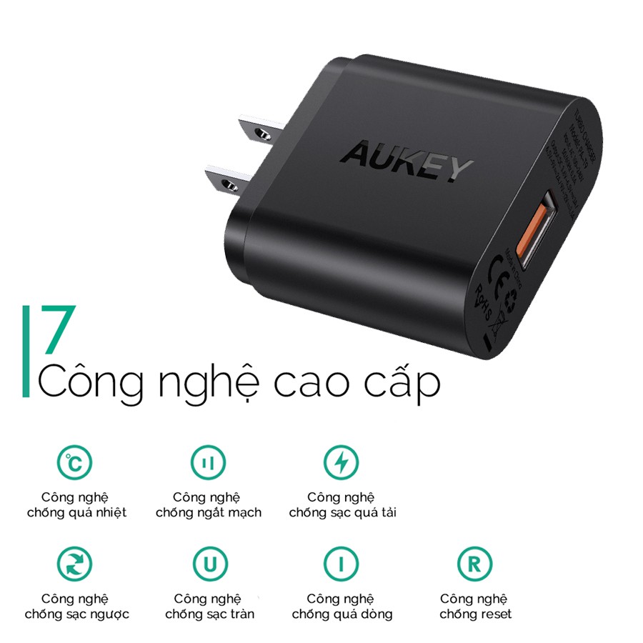 Cốc Sạc Nhanh AUKEY PA-T9, QC 3.0 18W Sạc Nhanh Gấp 4 Lần Sạc Thường