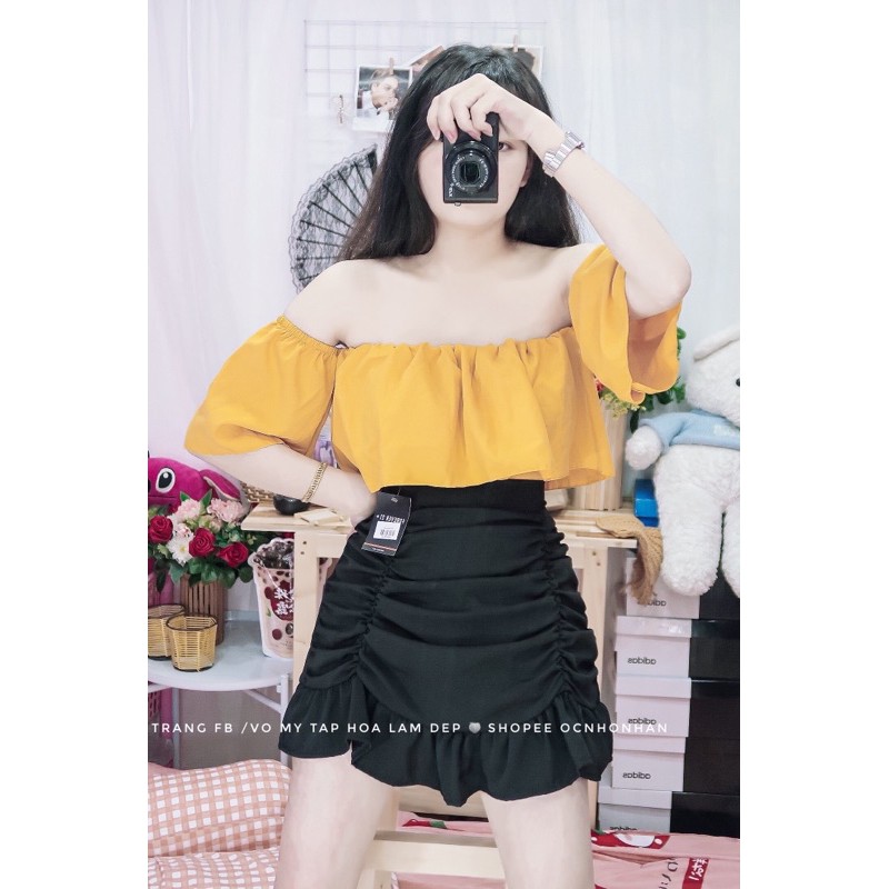 Set áo bẹt vai nhún phối ảnh thật