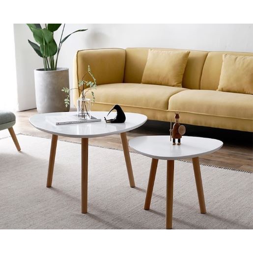 Bàn trà, bàn sofa hình ovan tam giác bo các góc bệt chân gỗ tự nhiên phòng khách, phòng ngủ