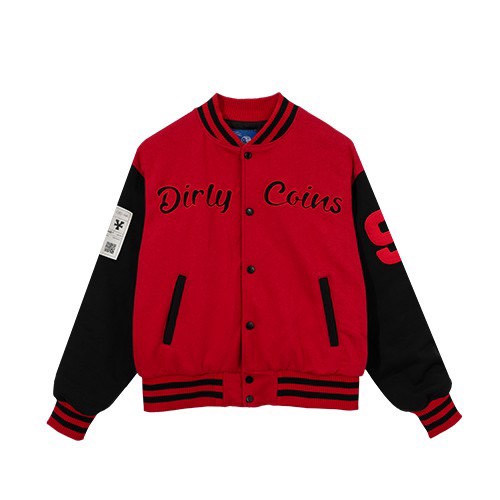 Áo khoác DirtyCoins Embroidered Varsity Jacket đen đỏ form rộng
