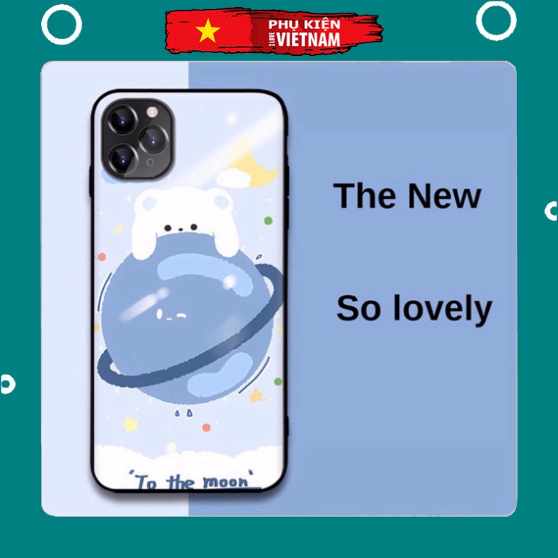 Ốp lưng iphone 6, 7, 8 Plus, X, XS, XR, XSMAX, 11, 11PRO, 11 PROMAX, 12, 13 PROMAX GẤU ÔM ngoài hành tinh XANH BẰNG KÍNH