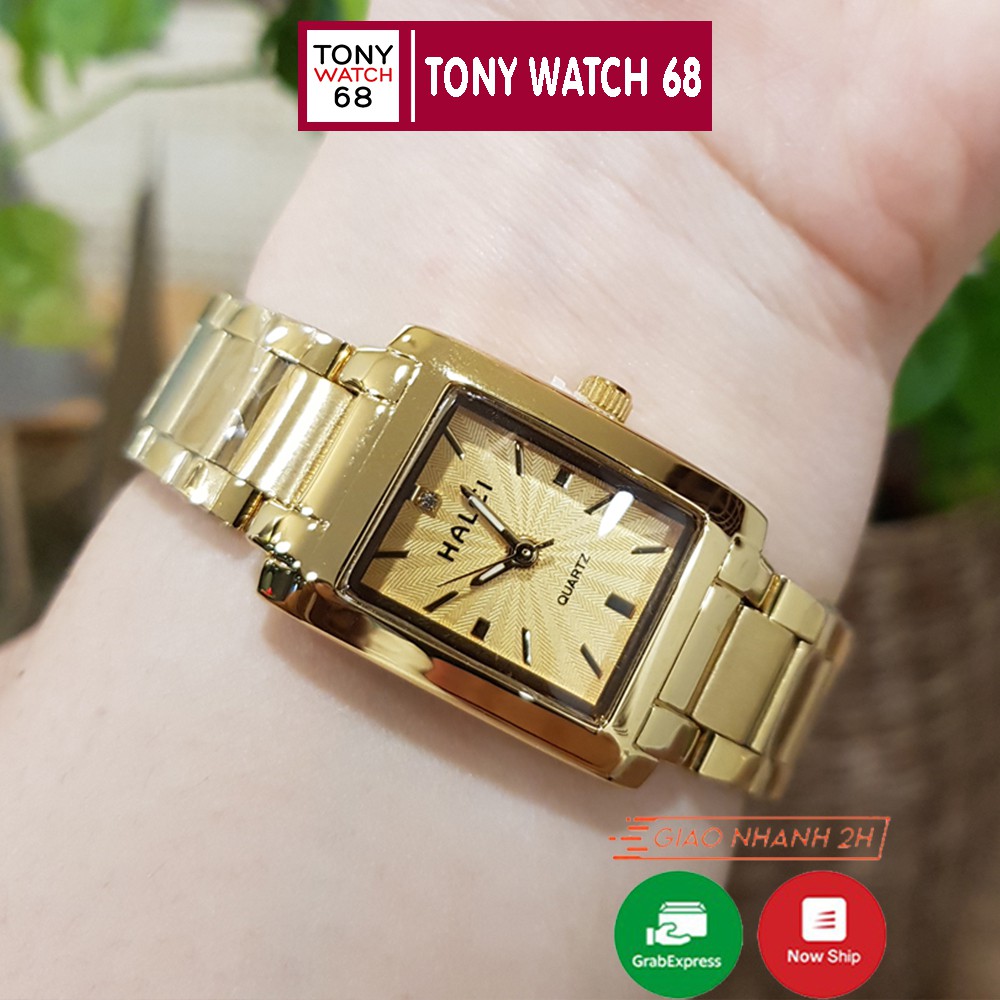 Đồng hồ nữ Halei mặt vuông đen dây kim loại vàng chính hãng Tony Watch 68