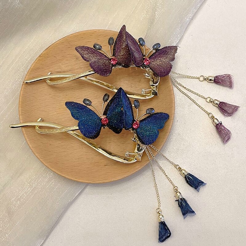 Kẹp Tóc Hình Bướm Thêu Màu Xanh Dương / Tím Thời Trang Cho Nữ