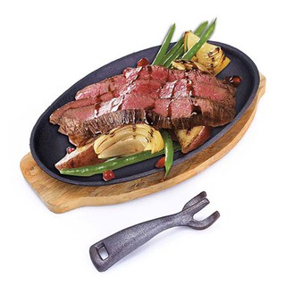 Chảo Gang Làm Bò Né Chống Dính Nặng 1Kg Oval Kèm Đế Gỗ Và Gắp Nóng