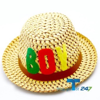 Mũ cói đính logo sành điệu cho bé