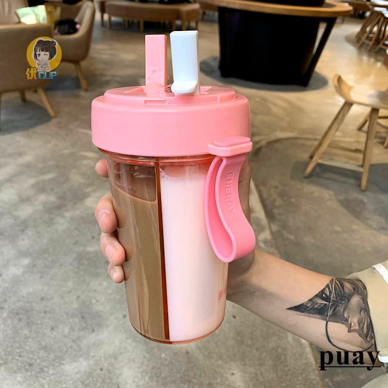 Bình nước chia 2 ngăn có ống hút tiện dụng 600ml, nhựa trong suốt chịu nhiệt