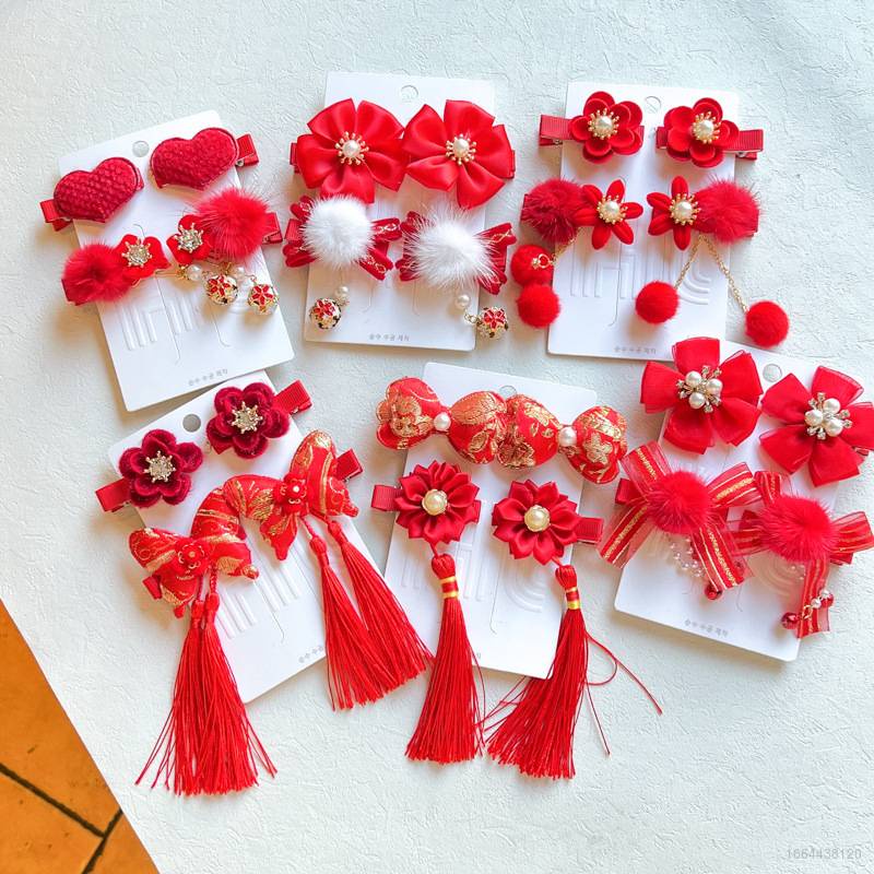 Bộ Hai Cặp Kẹp Tóc Đính Hoa Màu Đỏ Phong Cách Trung Hoa Mừng Năm Mới Cho Bé Gái