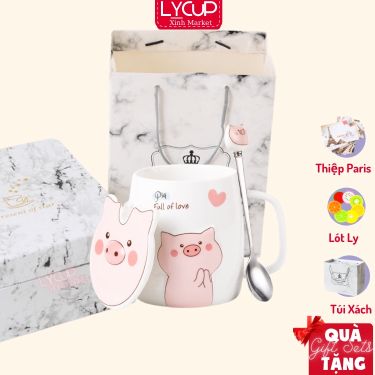 Cốc sứ hoa văn Pig cao cấp (4 mẫu) kèm thìa cán sứ