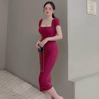 Váy body cúp ngực cổ vuông đơn giản , Đầm ôm tôn dáng chất co giãn