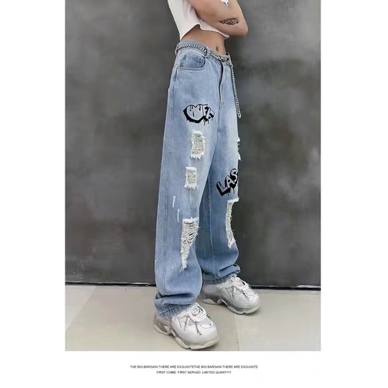 Quần Jean Hoạ Tiết Chữ, Quần Jean Ống Rộng Hiphop
