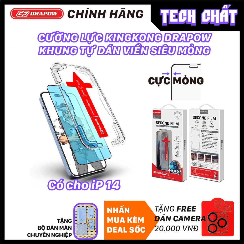 Kính cường lực KingKong Drapow TD15 có khung TỰ DÁN viền siêu mỏng lớp phủ nano Tặng kính dán camera