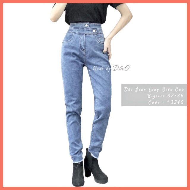Quần Dài Jeans Lưng Siêu Cao - Co Giãn Mạnh - Xanh Trơn Tua Lai