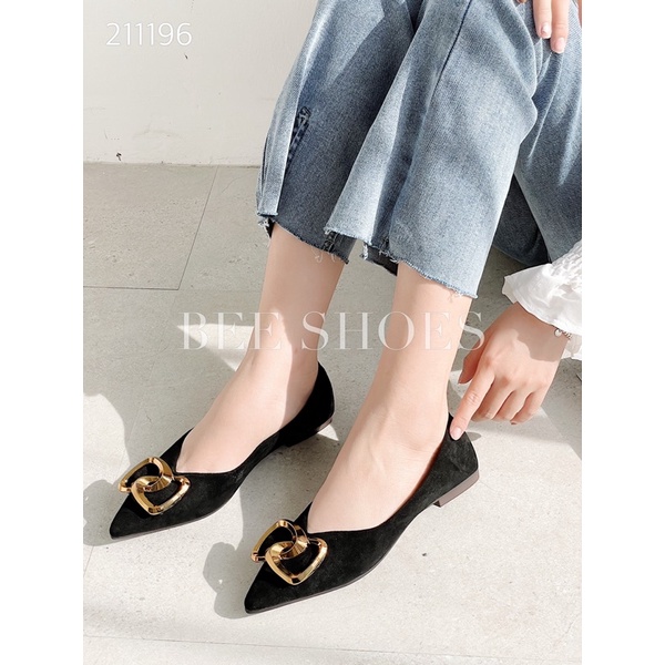 BEESHOES - GIÀY BÚP BÊ NỮ NHỌN - GIÀY BÚP BÊ NỮ DA LỘN ĐẾ BỆT SẴN MÀU ĐEN 211196