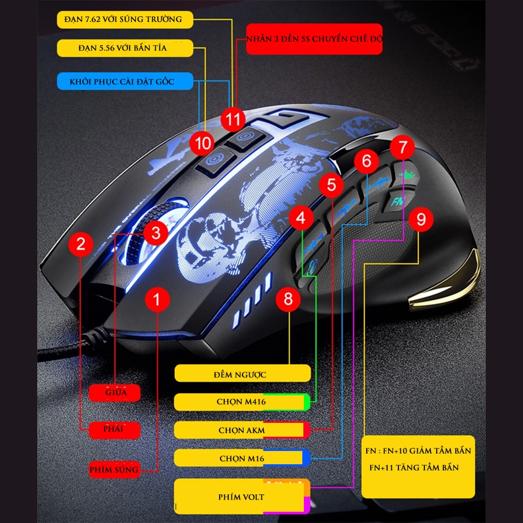 Chuột gaming G7 Demon Baron | Hỗ trợ ghìm tâm PUBG, Led RGB 9 nút Autotap, ghìm tâm PUBG trên Mobile, PC, BH 6 tháng