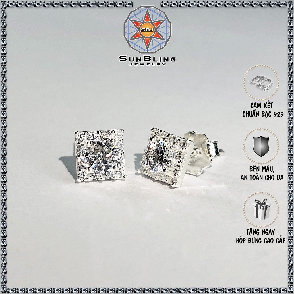 Bông tai bạc nữ SunBling vuông full hột AP, Khuyên tai bạc nữ đính đá viên chủ 4li sang trọng cao cấp SB4285